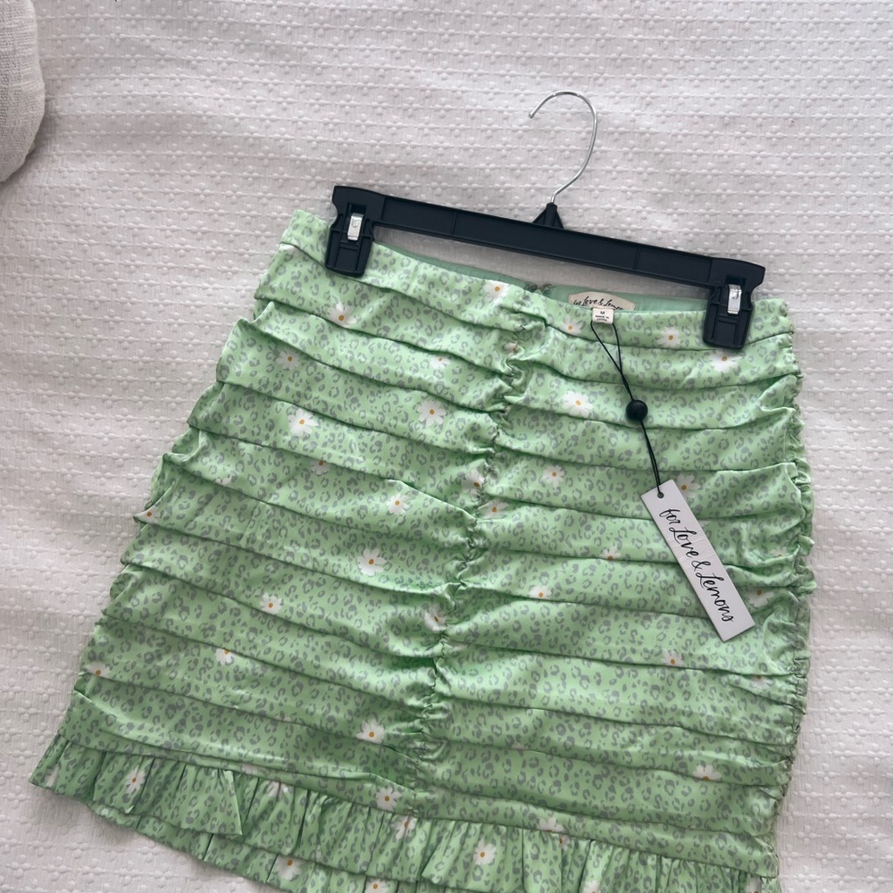 For Love & Lemons Robin Skirt – Mint Cheetah Daisy Print Satin Mini (Size M)
